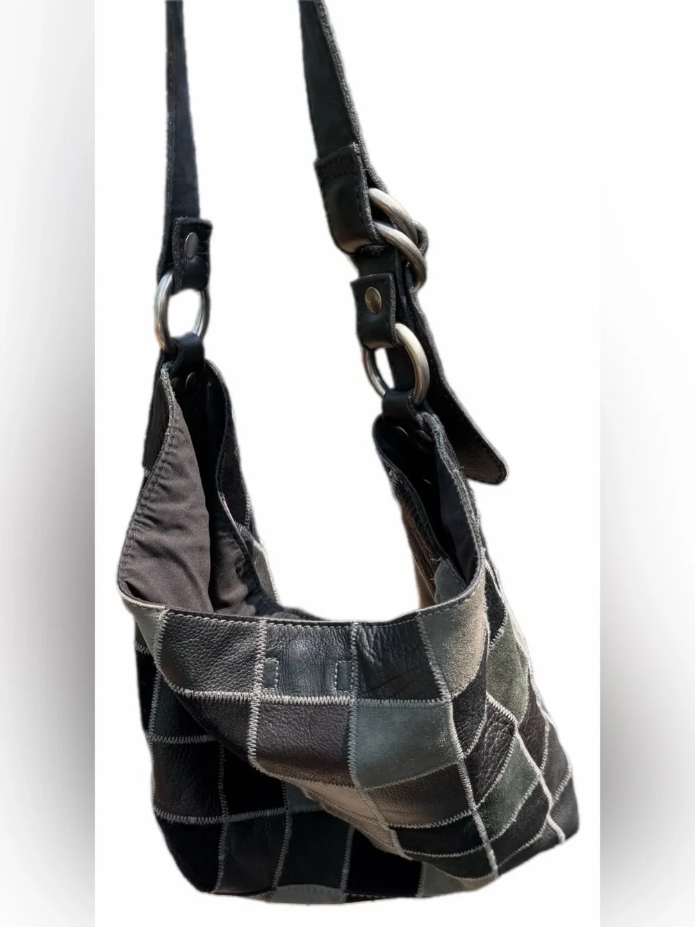 Lucky Brand Black Gray Patchwork Leather Suede Hobo Shoulder Bag Boho Y2K